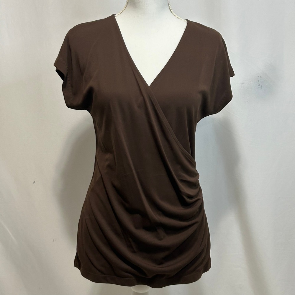 Lauren Ralph Lauren Brown Draped Surplice Short Sleeve Blouse